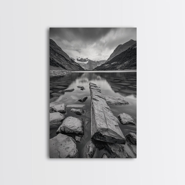 Mountain Lake Log, Alpine Serenity Scene, Tranquil Rock Shore, Canvas Print, Bedroom Wall Art, Nature Retreat, Minimalist Landscape