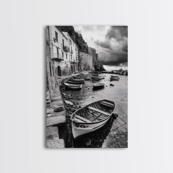 Coastal Village, Fishing Boats, Mediterranean Harbor, Seaside Charm, Framed Canvas Print, Nautical Kitchen Wall Art, Fall Decor Accent