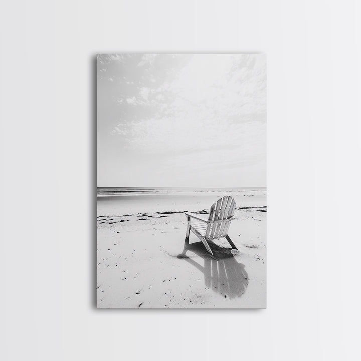 Beach Chair, Coastal Calm, Empty Shoreline, Canvas Print, Minimalist Wall Art, Beach House Decor, Serene Ocean Photography