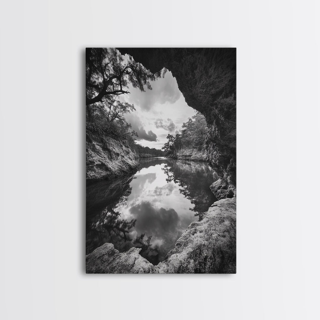 Serene River Reflection, Cave View, Monochrome Nature, Framed Canvas Print, Living Room Wall Art, Tranquil Landscape, Minimalist Decor