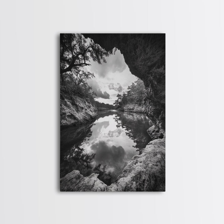 Serene River Reflection, Cave View, Monochrome Nature, Framed Canvas Print, Living Room Wall Art, Tranquil Landscape, Minimalist Decor