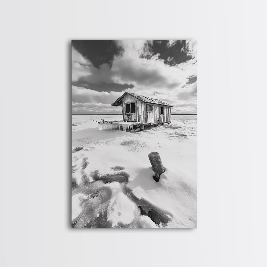 Frozen Cabin Scene, Snowy Landscape, Winter Monochrome, Canvas Print, Cabin Wall Art, Rustic Winter Decor, Nature Photography