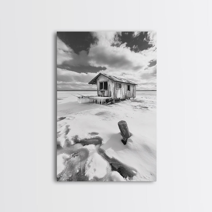 Frozen Cabin Scene, Snowy Landscape, Winter Monochrome, Canvas Print, Cabin Wall Art, Rustic Winter Decor, Nature Photography