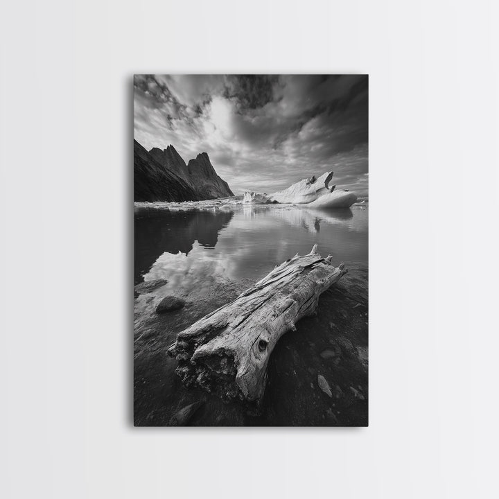 Arctic Driftwood View, Iceberg Horizon, Moody Mountains, Framed Canvas Print, Office Wall Art, Monochrome Nature, Nordic Aesthetic