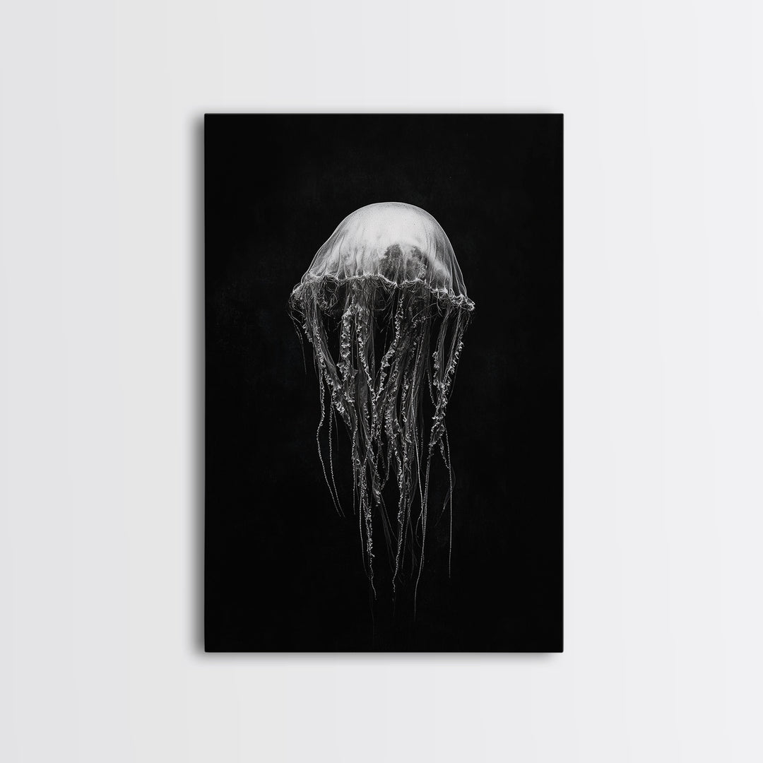 Elegant Jellyfish Art, Ocean Wildlife, Monochrome Marine, Framed Canvas Print, Bathroom Decor, Nautical Wall Art, Minimalist Sea Life