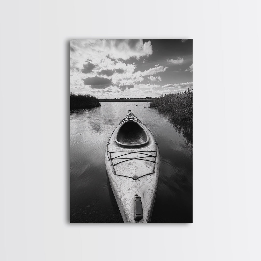 Kayak Lake View, Serene Water Landscape, Outdoor Adventure Art, Canvas Print, Cabin Wall Decor, Nature Lover Gift, Minimalist Water Art