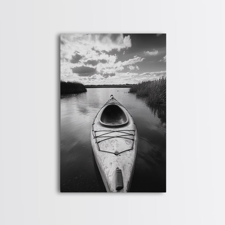 Kayak Lake View, Serene Water Landscape, Outdoor Adventure Art, Canvas Print, Cabin Wall Decor, Nature Lover Gift, Minimalist Water Art