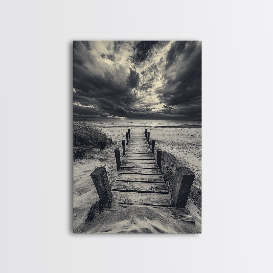 Stormy Beach Dock, Dramatic Skies, Coastal Mood, Framed Canvas Print, Fall Wall Art, Entryway Decor, Moody Seascape, Rustic Coastal Home