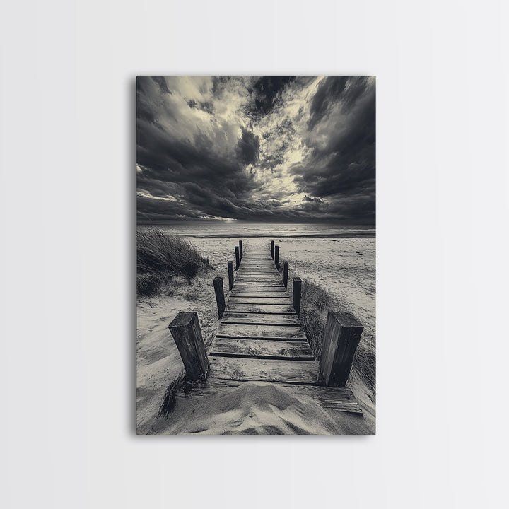 Stormy Beach Dock, Dramatic Skies, Coastal Mood, Framed Canvas Print, Fall Wall Art, Entryway Decor, Moody Seascape, Rustic Coastal Home