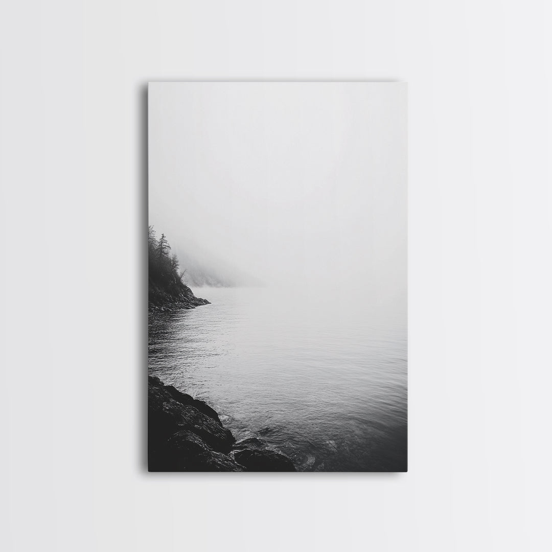 Misty Lakeshore, Foggy Forest Water, Monochrome Tranquility, Framed Canvas Print, Minimalist Art, Calm Landscape, Bedroom Wall Decor