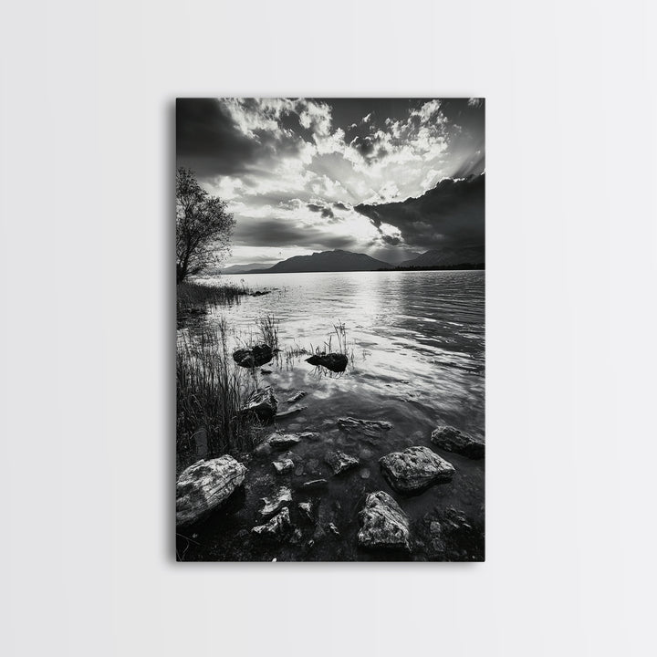 Lake Sunset View, Peaceful Mountainscape, Nature Reflection, Framed Canvas Print, Living Room Wall Art, Tranquil Scenic Landscape