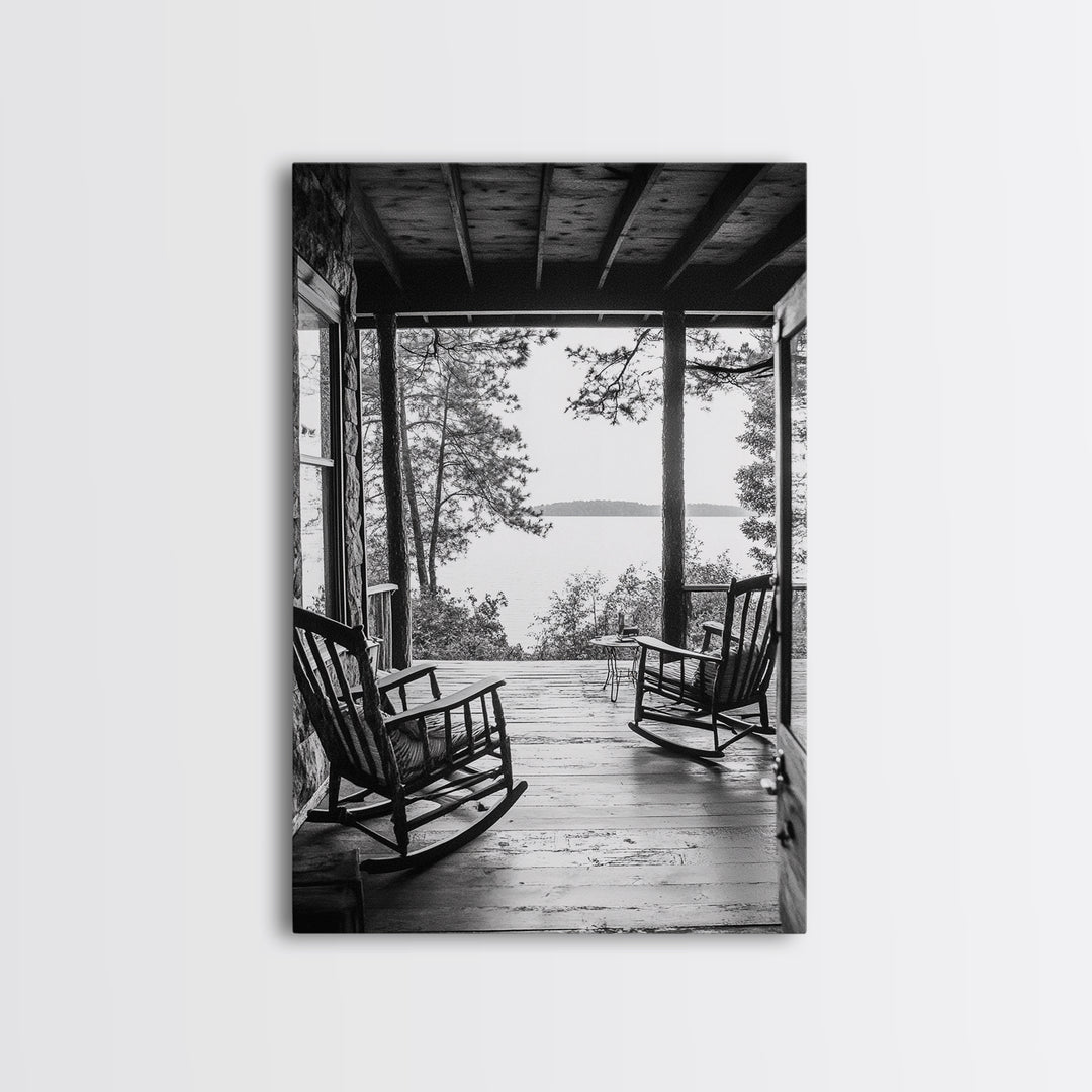 Rustic Porch View, Cabin Serenity, Lakefront Rocking Chairs, Framed Canvas Print, Farmhouse Wall Art, Living Room Decor, Fall Home Style
