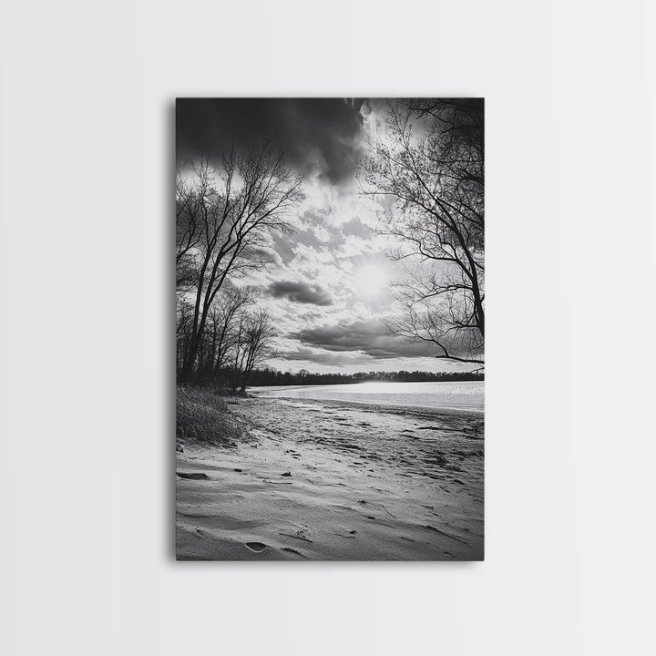 Dramatic Beach Sunset, Bare Trees Silhouette, Nature Photography, Framed Canvas Print, Fall Wall Art, Entryway Decor, Rustic Minimalist