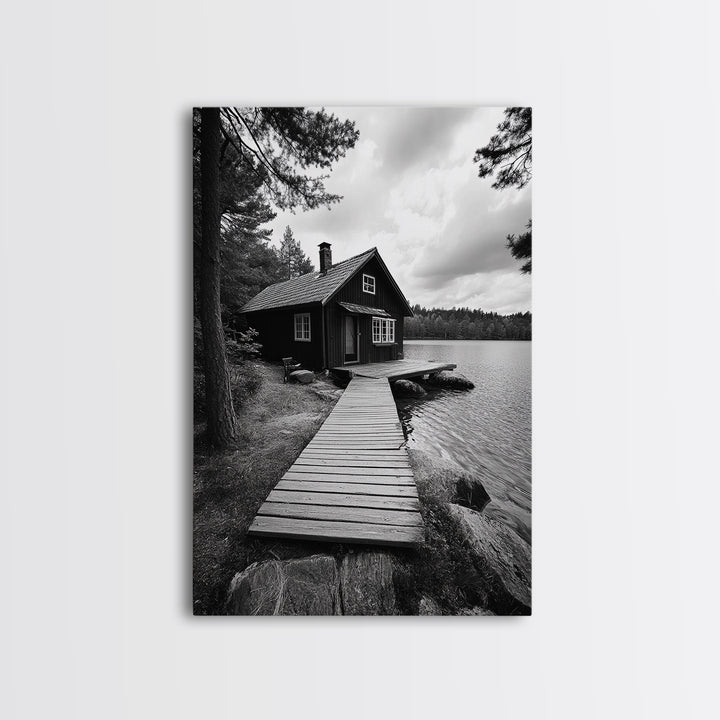 Lake Cabin Path, Nordic Forest Retreat, Nature Escape, Canvas Print, Cozy Wall Art, Scandinavian Decor, Fall Rustic Living Room Art