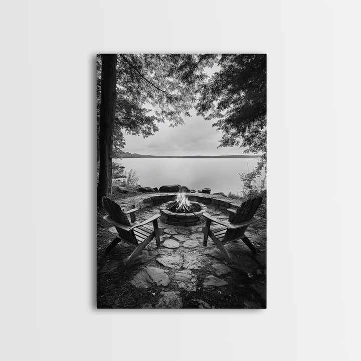 Campfire Lake Night, Adirondack Chairs, Wilderness Glow, Framed Canvas Print, Outdoor Living Wall Art, Cabin Decor, Autumn Retreat Art