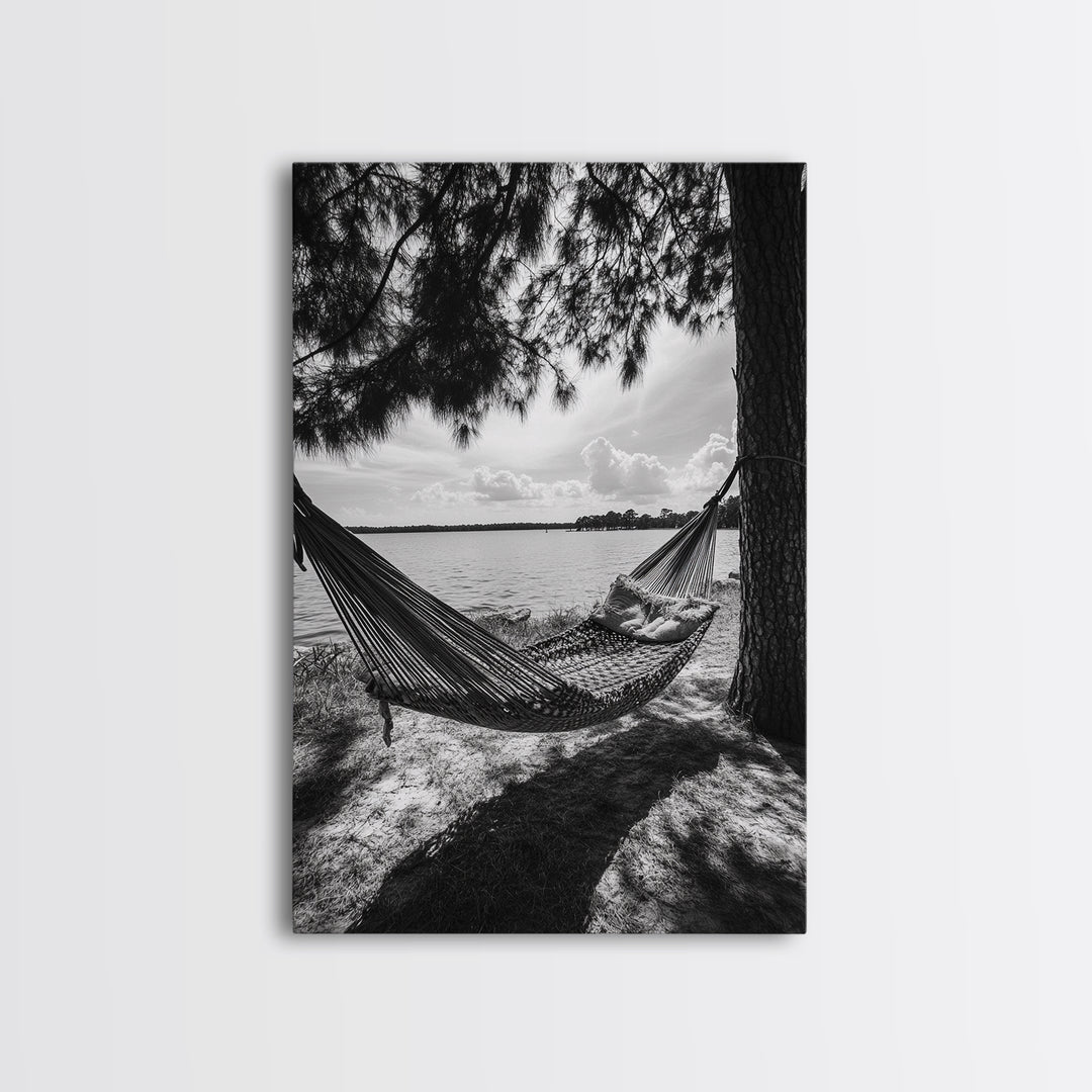 Hammock Lake View, Peaceful Retreat, Summer Breeze, Canvas Print, Boho Outdoor Art, Bedroom Relaxation Decor, Minimalist Coastal Vibe
