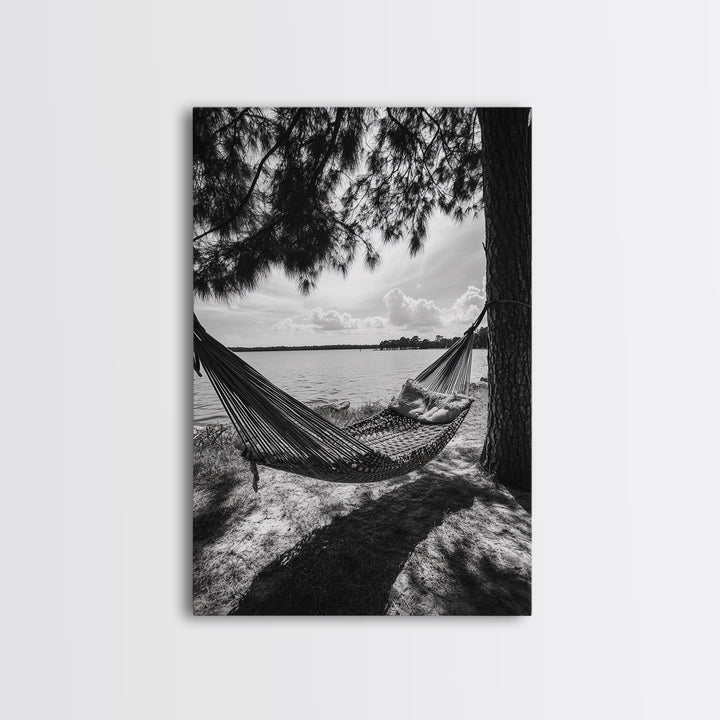 Hammock Lake View, Peaceful Retreat, Summer Breeze, Canvas Print, Boho Outdoor Art, Bedroom Relaxation Decor, Minimalist Coastal Vibe