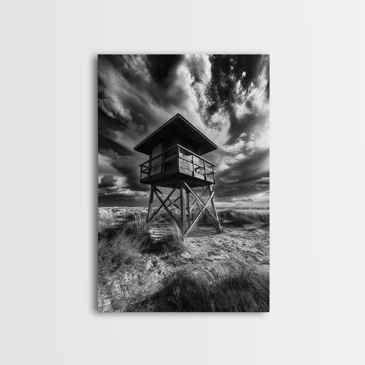 Lifeguard Tower Drama, Windy Beach Sky, Ocean Landscape, Canvas Print, Coastal Wall Art, Moody Surreal Decor, Living Room Statement Art