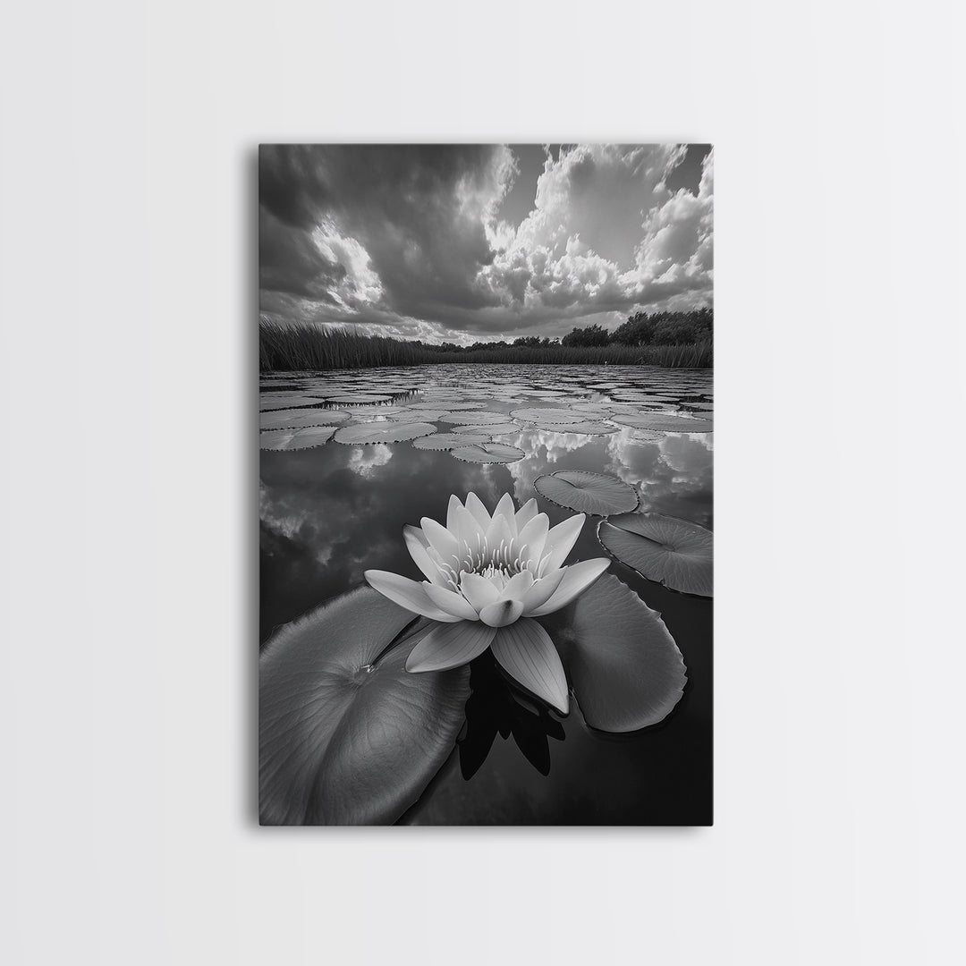 Tranquil Lotus, Cloud Reflections, Water Lily Pond, Framed Canvas Print, Zen Wall Art, Spa Bathroom Decor, Modern Nature Photography
