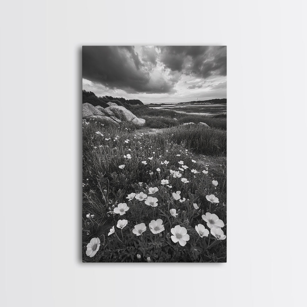 Meadow Bloom, Coastal Flowers, Stormy Sky, Framed Canvas Print, Spring Wall Art, Nature Photography, Kitchen Botanical Decor