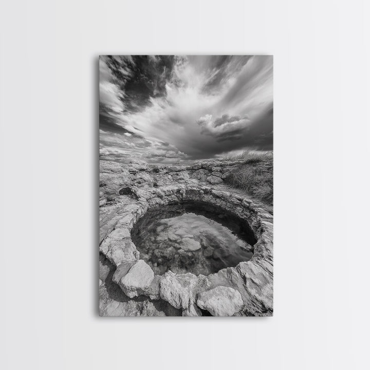 Natural Stone Pool, Sky Reflections, Framed Canvas Print, Bathroom Wall Art, Earthy Neutral Decor, Minimalist Landscape