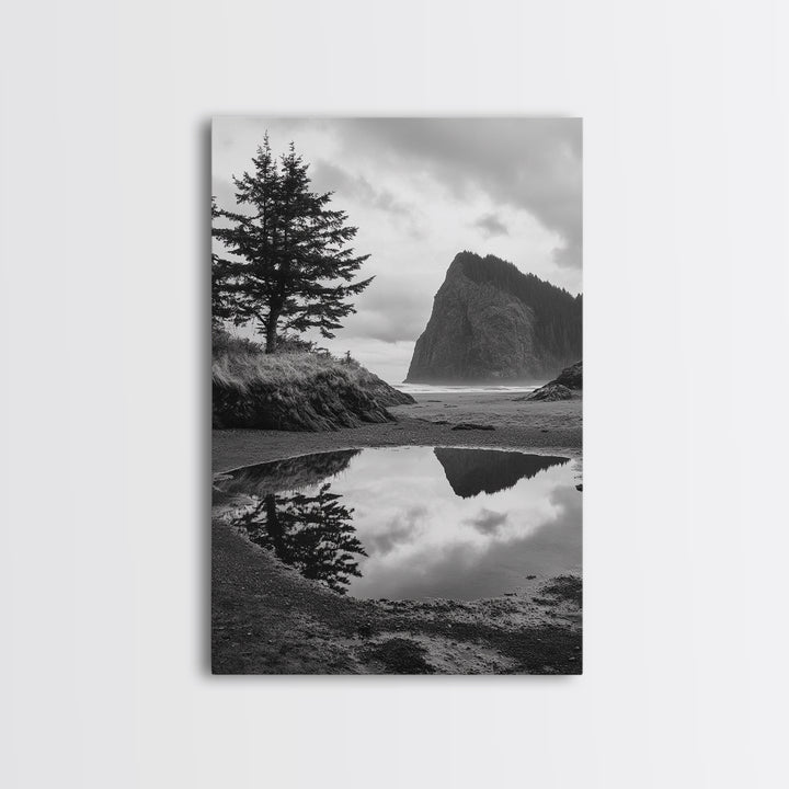 Coastal Rock Reflections, Nature Photography, Ocean Landscape, Framed Canvas Print, Moody Living Room Art, Minimal Decor
