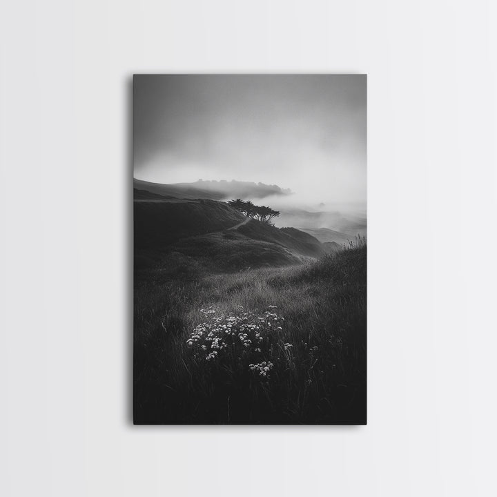 Rolling Mist Hills, Dreamy Countryside, Framed Canvas Print, Black and White Wall Art, Bedroom Calm Decor, Nature Landscape