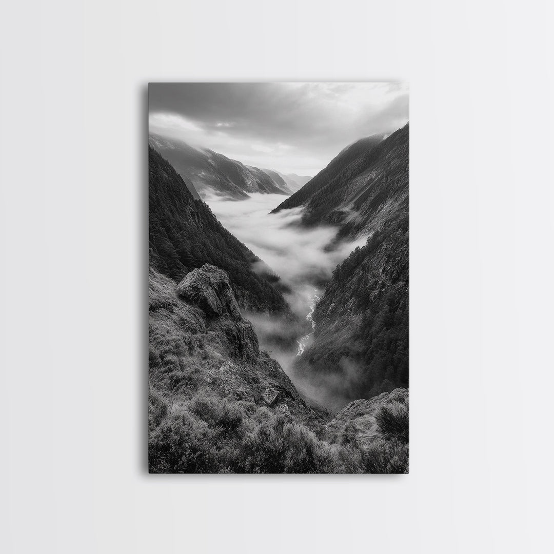 Foggy Mountain Valley, Nature Escape, Serene Wall Art, Framed Canvas Print, Adventure Photography, Cabin Autumn Decor
