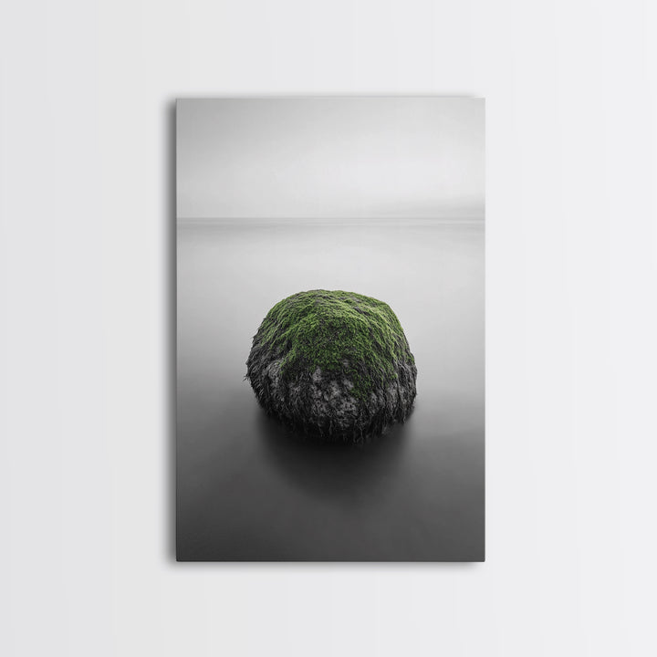 Moss Rock Minimal, Green Accent Art, Coastal Zen Decor, Framed Canvas Print, Modern Neutral Room, Nature Wall Aesthetic