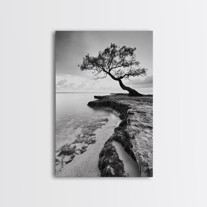 Coastal Tree Silhouette, Serene Nature Art, Ocean Wall Scene, Framed Canvas Print, Beach House Decor, Minimalist Design