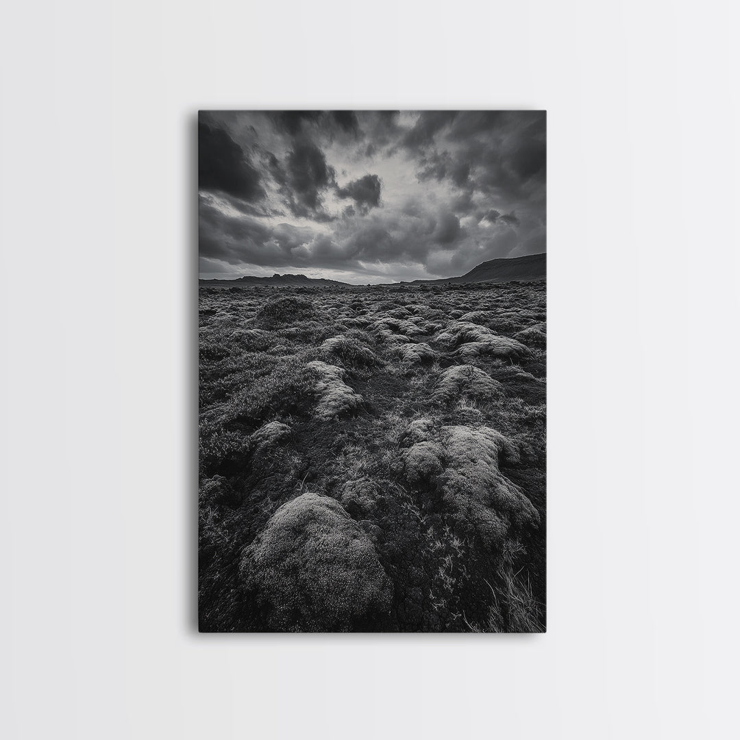 Moss Covered Lava, Iceland Landscape, Moody Nature Scene, Framed Canvas Print, Fall Rustic Decor, Earth Tone Wall Art