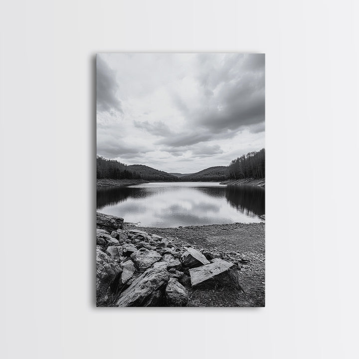 Misty Lake View, Peaceful Reflections, Nature Tranquility, Framed Canvas Print, Bedroom Wall Art, Black and White Landscape, Minimalist Art
