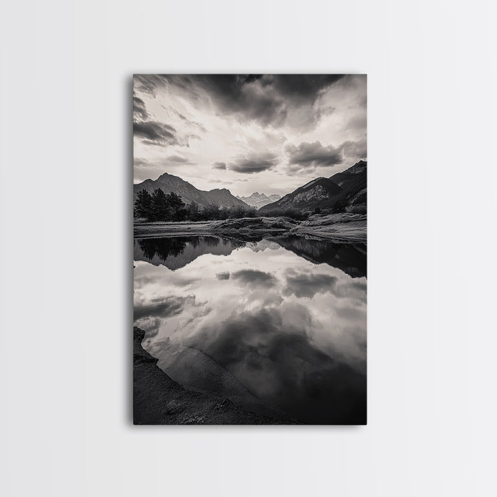 Alpine Reflections, Dramatic Skies, Mountain Serenity, Canvas Print, Living Room Wall Art, Moody Landscape Photography, Monochrome Decor