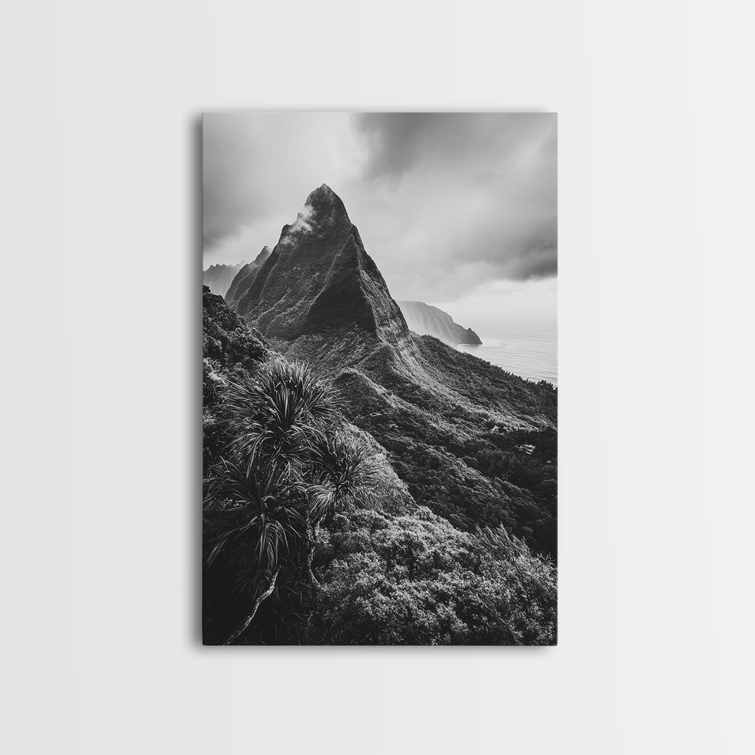 Lush Mountain Range, Cloud Covered Peaks, Jungle Tranquility, Framed Canvas Print, Entryway Wall Art, Black and White Nature, Boho Wall Art