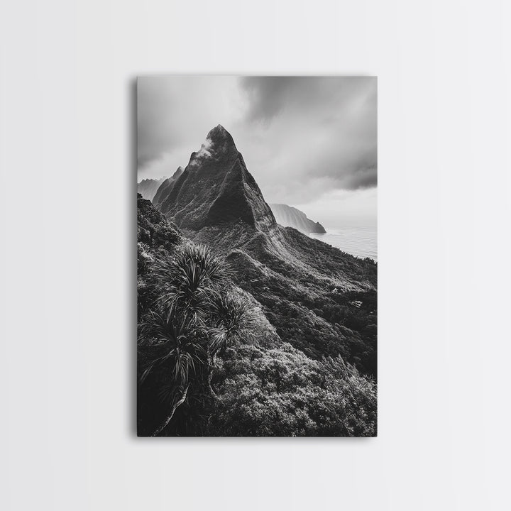 Lush Mountain Range, Cloud Covered Peaks, Jungle Tranquility, Framed Canvas Print, Entryway Wall Art, Black and White Nature, Boho Wall Art