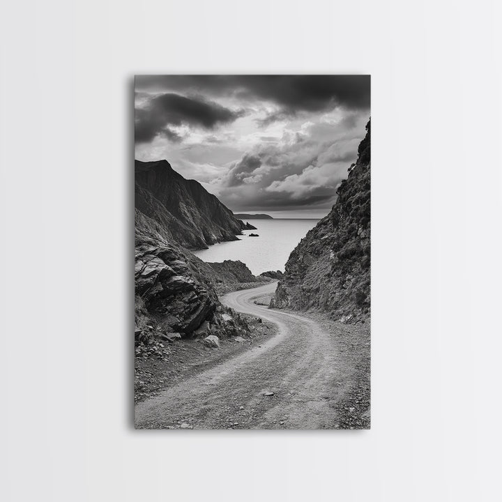 Coastal Road Curve, Rugged Cliff Path, Dramatic Seascape, Canvas Print, Office Wall Art, Monochrome Nature Art, Rustic Home Decor