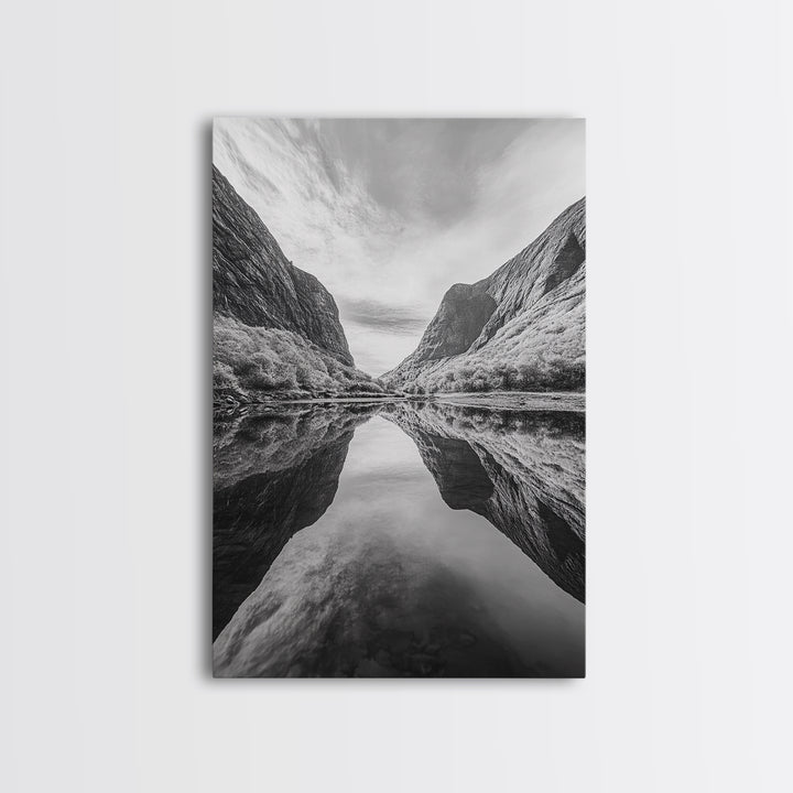 Fjord Reflection, Mountain Valley Calm, Mirror Lake, Canvas Print, Hallway Wall Art, Scandinavian Style Art, Black and White Minimalist