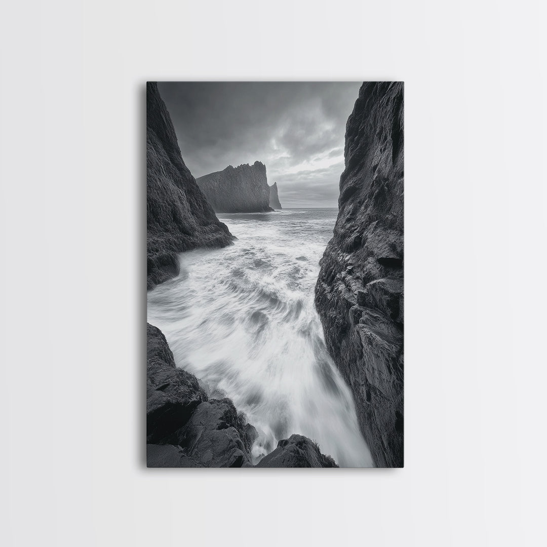 Stormy Coast, Crashing Waves, Ocean Drama, Framed Canvas Print, Living Room Wall Art, Bold Seascape Photography, Monochrome Modern Art