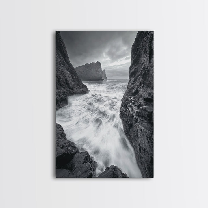 Stormy Coast, Crashing Waves, Ocean Drama, Framed Canvas Print, Living Room Wall Art, Bold Seascape Photography, Monochrome Modern Art