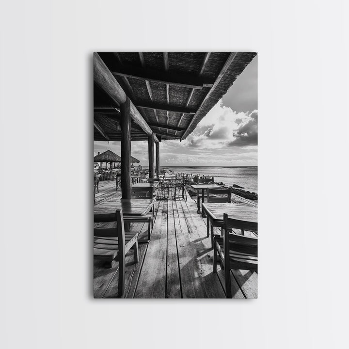 Seaside Café, Coastal Patio, Ocean View, Canvas Print, Rustic Kitchen Wall Art, Tropical Dining Decor, Travel Lifestyle Art