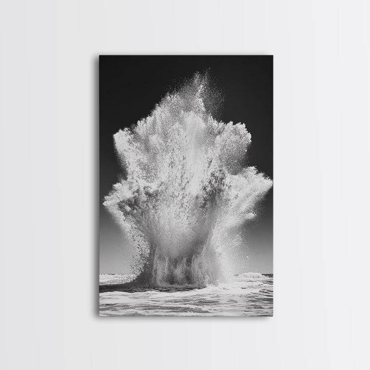 Ocean Splash, Water Explosion, Sea Power, Canvas Print, Bathroom Wall Art, Black and White Abstract Art, Coastal Modern Decor