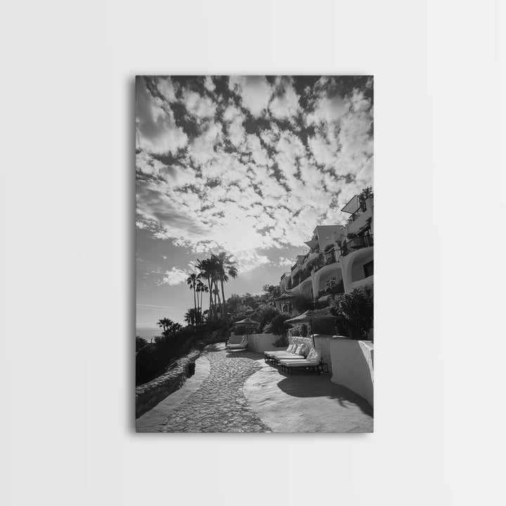 Mediterranean Villa, Palm Tree Art, Coastal Pathway, Framed Canvas Print, Living Room Decor, Summer Wall Art, Black and White Photography