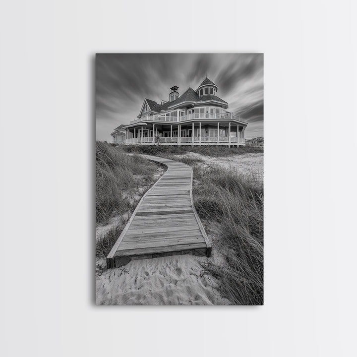 Beach House, Boardwalk Path, Coastal Architecture, Framed Canvas Print, Hallway Wall Art, Neutral Tones, Minimalist Coastal Style