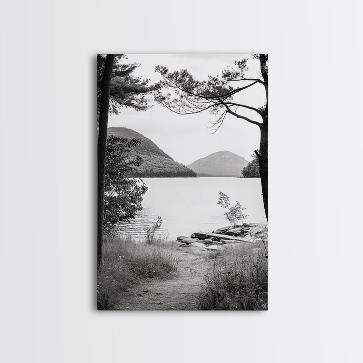 Forest Lake, Mountain View, Peaceful Trail, Framed Canvas Print, Cabin Decor, Fall Landscape, Living Room Art, Tranquil Nature Print