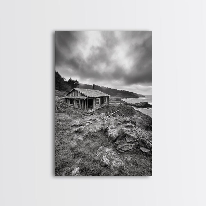 Abandoned Cabin, Coastal Cliff, Moody Landscape, Autumn Wall Art, Framed Canvas Print, Living Room Rustic Art, Farmhouse Aesthetic