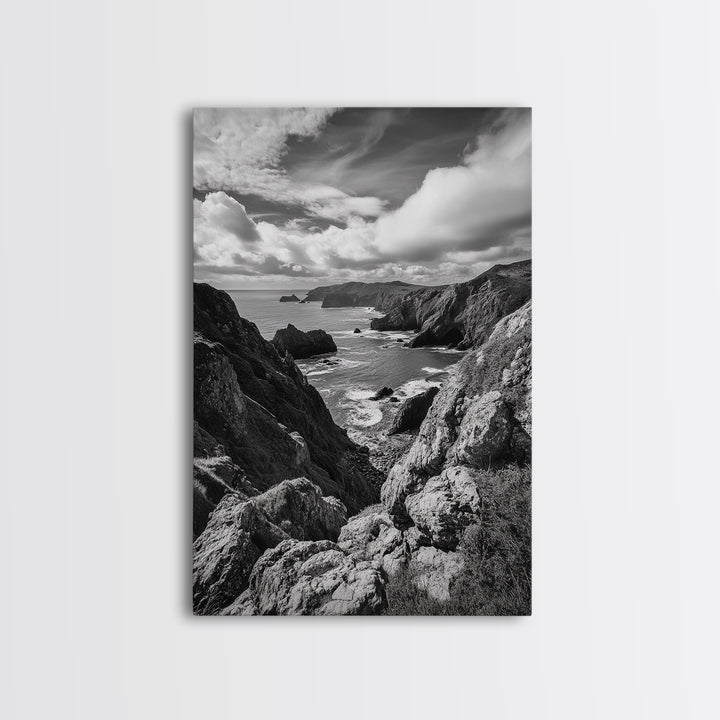 Rugged Cliffs, Ocean View, Coastal Escape, Framed Canvas Print, black and white coastal art, beach house wall decor, moody ocean print