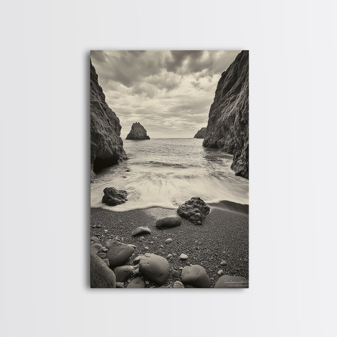 Secluded Cove, Rocky Shoreline, Ocean Retreat, Canvas Print, neutral beach art, living room decor, coastal nature photography