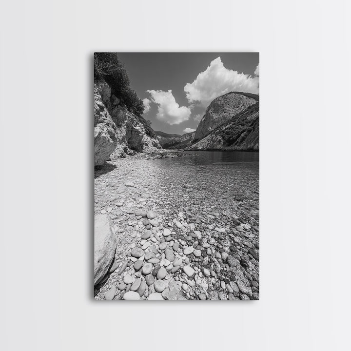 Rocky Beach, Crystal Water, Mountain Backdrop, Framed Canvas Print, tranquil lake art, minimalist decor, natural wall art