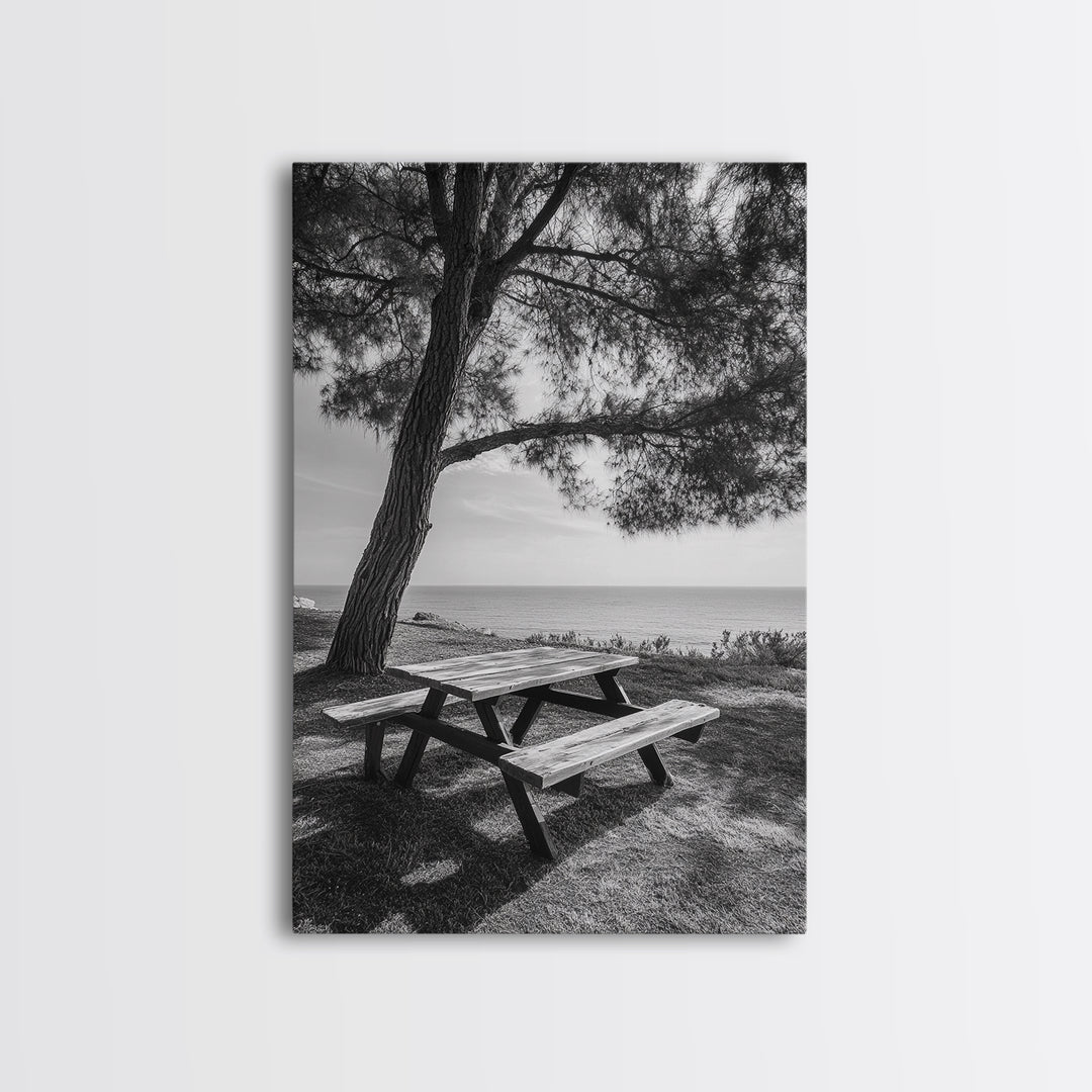 Seaside Bench, Peaceful Escape, Shaded Picnic, Canvas Print, nature photography, coastal wall art, relaxing ocean decor, Minimalist Decor