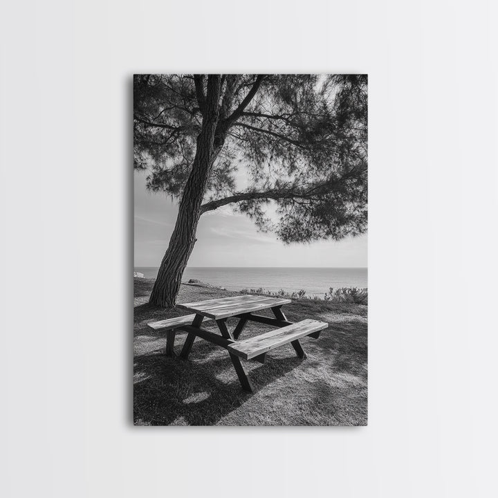 Seaside Bench, Peaceful Escape, Shaded Picnic, Canvas Print, nature photography, coastal wall art, relaxing ocean decor, Minimalist Decor